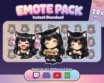 Schwarzhaarige Catgirl Emotes für Twitch und Discord - 20 süße Chibi Neko Accessoires
