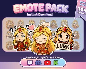 Blonde Elfe Mädchen 10 + 2 Bonus Bundle - Wert Emotes | Niedliches Fantasy Chibi PNG Pack