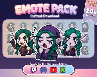 Süßer Nachtelfen Emotes Pack (20) | Kawaii Fantasy Elfen Emotes für Twitch, Discord, YouTube & Kick – Streamer Emotes PNG