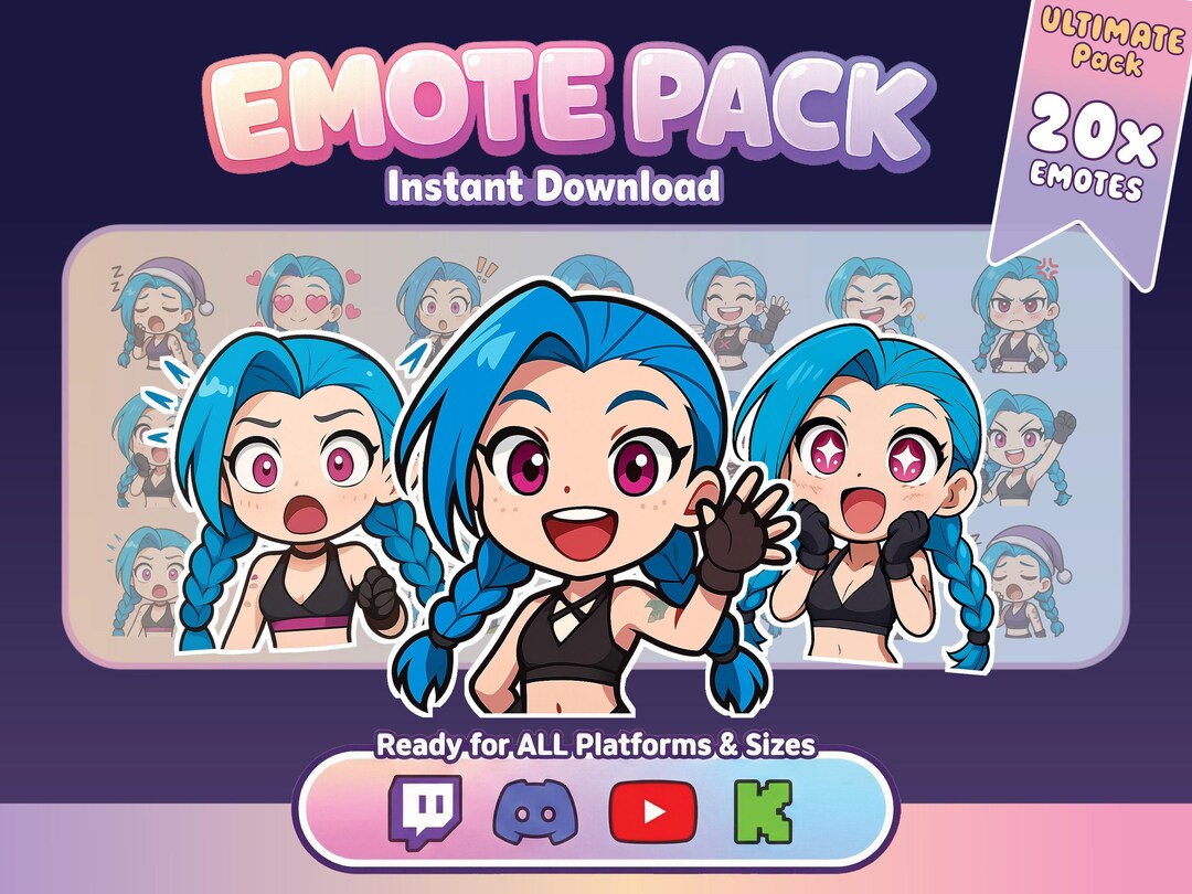 Jinx Emotes Pack – 20 Kawaii Chibi PNG Emotes for Twitch, Discord ...