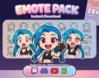 Jinx Emotes Pack - 20 Kawaii Chibi PNG Emotes für Twitch, Discord, YouTube (Digitaler Download