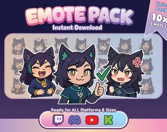 Kawaii Chibi Catgirl Emotes 10 + 5 – Streamer Pack for Twitch, Discord (Digital Download)