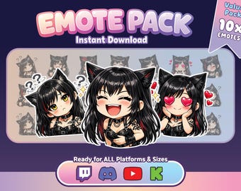 Kawaii Catgirl 10 Bündel Emotes Pack | Niedliche Anime Katzen Mädchen Streamer Emotes (PNG)