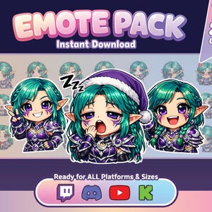 Emotes de Streamer Garota Elfa Kawaii | Pacote Chibi Fantasia (Download Digital)