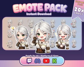 Ciri Hexer Emote Paket | Niedliche weißhaarige Hexe Mädchen Emotes Pack (20) | Fantasy Anime Streamer Emotes | Twitch Discord Kick PNG