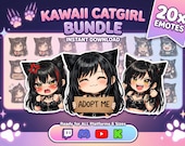 Kawaii Catgirl Emotes Pack (20+1) | Cute Anime Cat Girl Twitch Emotes PNG | Discord YouTube Kick Streamer Emotes | Instant Download