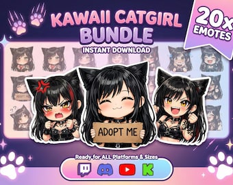 Kawaii Catgirl Emotes Paket (20+1) | Niedliches Anime Katzen Mädchen Twitch Emotes PNG | Discord YouTube Kick Streamer Emotes | Sofort Download