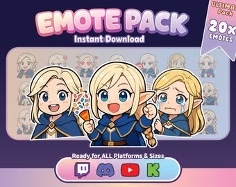 Chibi Elf Girl Emotes Pack – 20 Fantasy PNG Streamer Emotes (Digital Download)