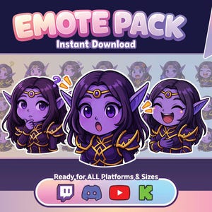 May include: A digital art pack titled "EMOTE PACK" featuring a purple-skinned elf with dark purple hair and gold accents. The image includes multiple emotes with different expressions, and the text "Instant Download" is visible.