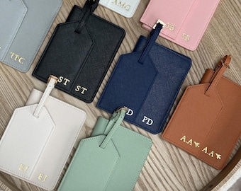 Personalised Leather Passport Holder & Luggage Tag Set, Bridesmaid, Bride or Honeymoon Gift, Travel Accessories, Custom Gifts for Her