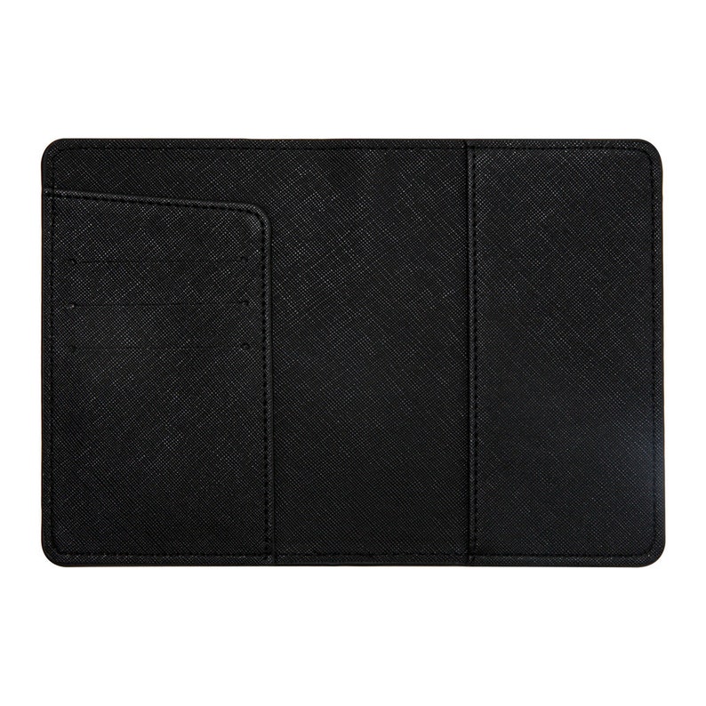May include: Black leather passport holder with multiple card slots and a flap closure.