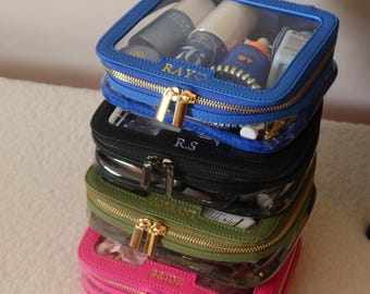 Trousse de maquillage personnalisée en cuir avec panneau transparent, trousse de toilette à monogramme, cadeaux personnalisés pour demoiselle d'honneur, cadeaux personnalisés pour elle