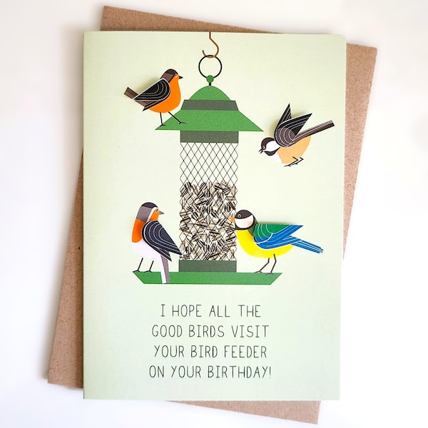 Tarjeta de cumpleaños con comedero para pájaros: tarjeta de felicitación para amantes de las aves, divertida tarjeta de naturaleza para jardineros y observadores de aves, tarjetas de vida silvestre, regalos de jardín