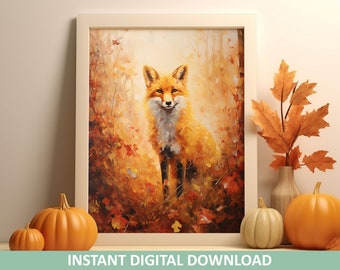 Fox Fall Season Painting - Printable Wall Art - Instant Download