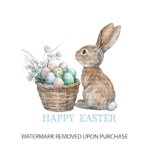Osterhase PNG digitaler Download, Aquarell Kaninchen mit Ostereiern Clipart, Frühlingskorb Sublimation, niedlicher Hase Clip Art zum Basteln