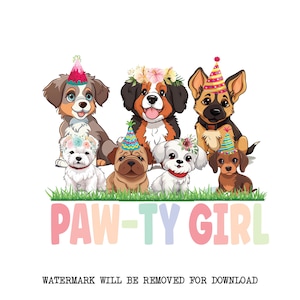 Girly GEBURTSTAGS-Shirt, Hündchen-Party, kleine Mädchen-Hundeparty, Pawty Png, Mädchen-Welpe Png, Pawty PNG, alles Gute zum Geburtstag PNG, Mädchen-Shirt-Download