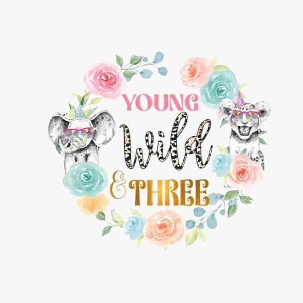 Young Wild & Three Baby Safari Animals PNG, 3rd Birthday Instant Digital Download  T-Shirt Sublimation Design, Pink Safari Birthday, Jungle