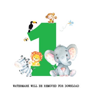 Premier anniversaire animaux de la jungle PNG, aquarelles bébés animaux, sublimation Safari, conception de carte d'anniversaire, téléchargement immédiat