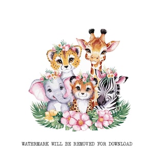 Roze safari babydieren PNG - aquarel dieren, kinder T-shirt sublimatie ontwerp, meisjes verjaardagskaart ontwerp, instant digitale download