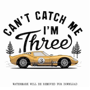 Can&#39;t Catch Me, PNG Design file, Sublimation, Print file, I&#39;m Three Birthday Boy Shirt, Birthday Racing Party, Retro Race Car, DTF Design