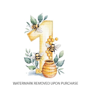 Biene unter dem Motto erster Geburtstag PNG, Aquarell Nummer eins mit Honigbienen Sublimation, 1. Geburtstag digitaler Download, Baby Mädchen oder Junge Bienenparty