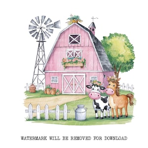 Grange de ferme et sublimation d'animaux PNG : vache et cheval. Parfait pour les t-shirts, les cartes d'anniversaire. Téléchargement numérique instantané.