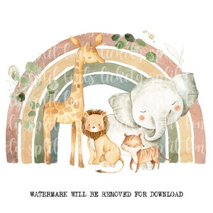 Neutre Safari Animals Rainbow PNG, Mignon Éléphant, Girafe, Leopard Clipart, Nouveau Design de Carte Bébé, Safari Anniversaire, Téléchargement Numérique Instantané