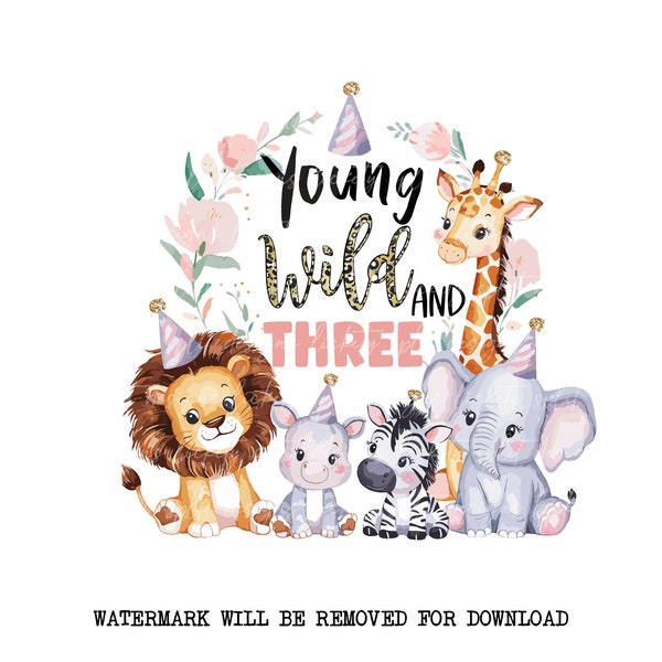 Young Wild & Three: Safari 3rd Birthday PNG, Pink Jungle Animals T-Shirt Design, Instant Digital Download