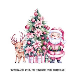 Rosa Weihnachten Weihnachtsmann und Rentier PNG, niedlicher Weihnachtsbaum Digital Download, Aquarell Weihnachten Clipart für Karten, Kunsthandwerk, Sublimationsprojekte