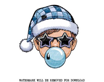 Cool Boy Christmas Sublimation Design, Star Glasses Bubble Gum Boy Clipart, Blue Beanie Christmas Boy PNG, Digital Download for Personal Use