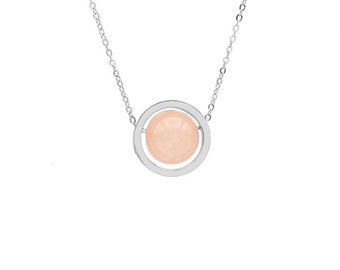 Rose Quartz Circle Pendant Necklace: Stainless Steel Cable Chain