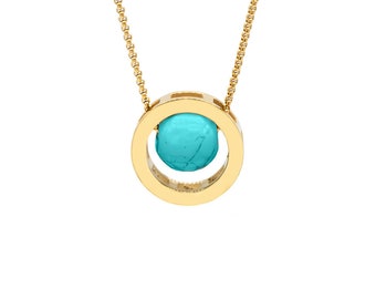 Turquoise Stone Gold Circle Pendant Necklace: Stainless Steel Box Chain