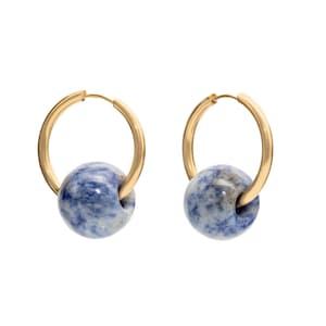 Donut Sodalite Hoop Earrings, Sodalite Hoop Earrings, Gemstone pendant with hoop earrings, Natural stone stainless steel gold earrings.