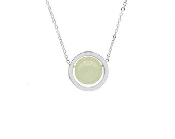 Jade Circle Pendant Necklace: Stainless Steel Chain, Natural Stone