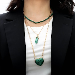 Heart-Shaped Malachite Natural Stone Gold Necklace, Gemstone necklace 18K Gold Sterling Silver, Dainty Heart Stone Handmade Necklace
