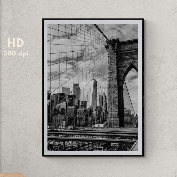 Brooklyn Bridge Print, New York Wall Art, Black and White Architecture Photography, New York Printable Art, New York Home Decor, Trendy Art
