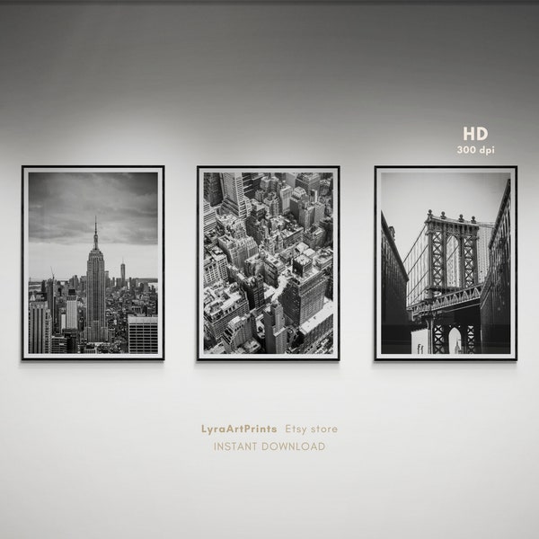 Lot de 3 imprimés New York, impression Empire State Building, art mural pont de Brooklyn, déco noir et blanc New York, poster imprimable New York