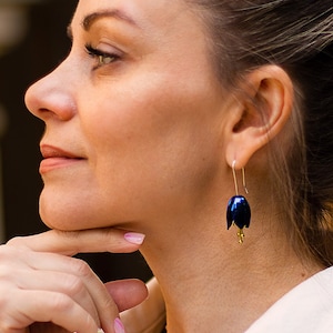 Feminine titanium and bronze bluebell earrings. Lightweight unusual nature harebell floral earrings. Nickel free spring flower bud earrings.
