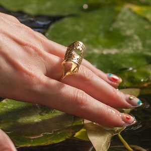 Chunky lace filigree ring, statement textured gold ring. Large hand forged boho ring, aesthetic bold indie jewelry. Unique big cocktail ring image 1