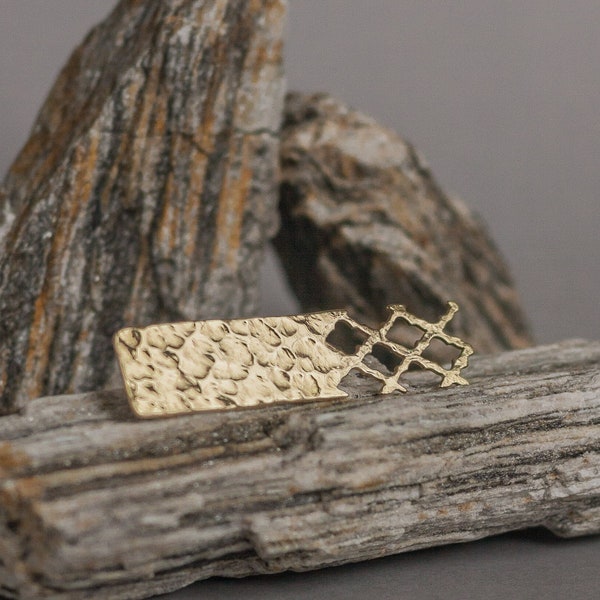 Minimalistic golden men’s lapel pin, contemporary ethnic style artisan jewelry. Geometric hand forged jacket brooch, unique boyfriend gift.