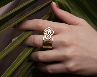 Adjustable artisan filigree brass ring. Unique statement wide ring. Unique hammered texture statement ring. One of a kind dainty jewelry.