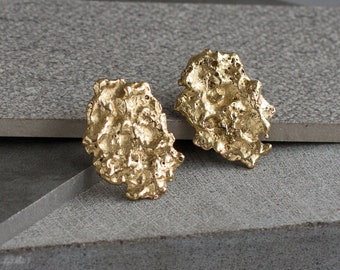 Simple recycled brass nugget studs. Mismatched minimal melting earrings. Artsy unusual brutalist jewelry. Unique contemporary post earrings.