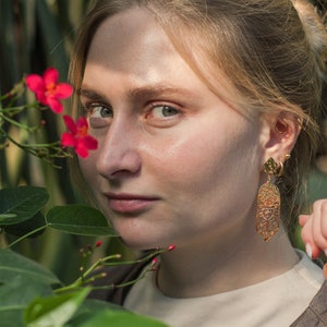 Long post earrings with oriental ornament lace drop. Golden festival statement earrings. Hand forged Moroccan aesthetic bohemian earrings. image 8