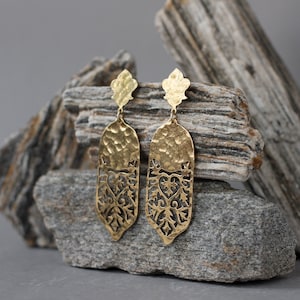 Long post earrings with oriental ornament lace drop. Golden festival statement earrings. Hand forged Moroccan aesthetic bohemian earrings. image 4