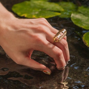 Chunky lace filigree ring, statement textured gold ring. Large hand forged boho ring, aesthetic bold indie jewelry. Unique big cocktail ring image 9