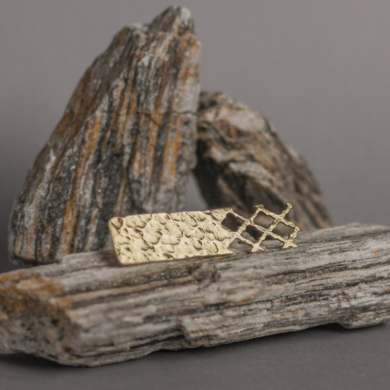 Minimalistic golden mens lapel pin, contemporary ethnic style artisan jewelry. Geometric hand forged jacket brooch, unique boyfriend gift. image 1