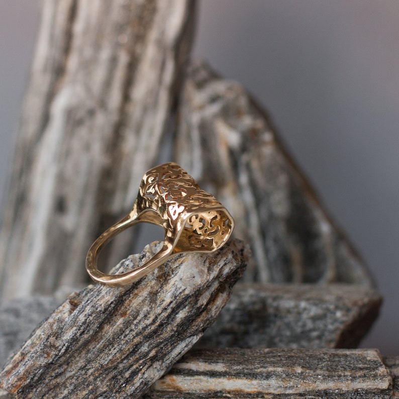 Chunky lace filigree ring, statement textured gold ring. Large hand forged boho ring, aesthetic bold indie jewelry. Unique big cocktail ring image 2