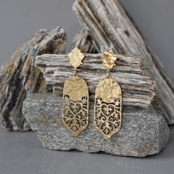 Long post earrings with oriental ornament lace drop. Golden festival statement earrings. Hand forged Moroccan aesthetic bohemian earrings.