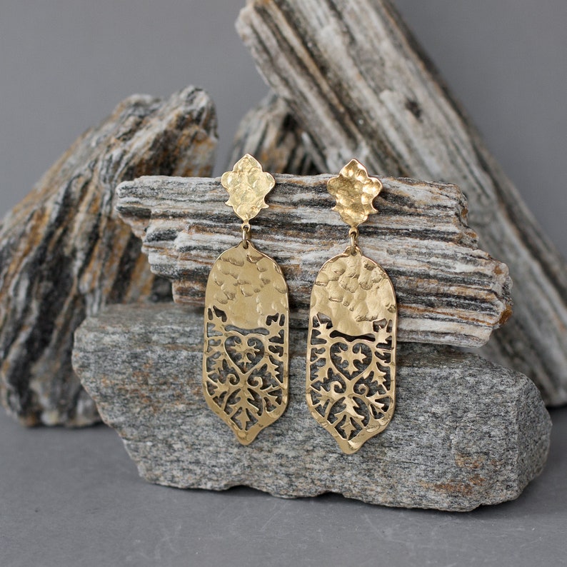 Long post earrings with oriental ornament lace drop. Golden festival statement earrings. Hand forged Moroccan aesthetic bohemian earrings. image 1