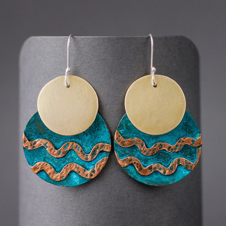 Mixed metal copper and brass circle earrings with blue patina. Statement elegant oxidized jewelry. Two tone hammered waves and sun earrings. image 4